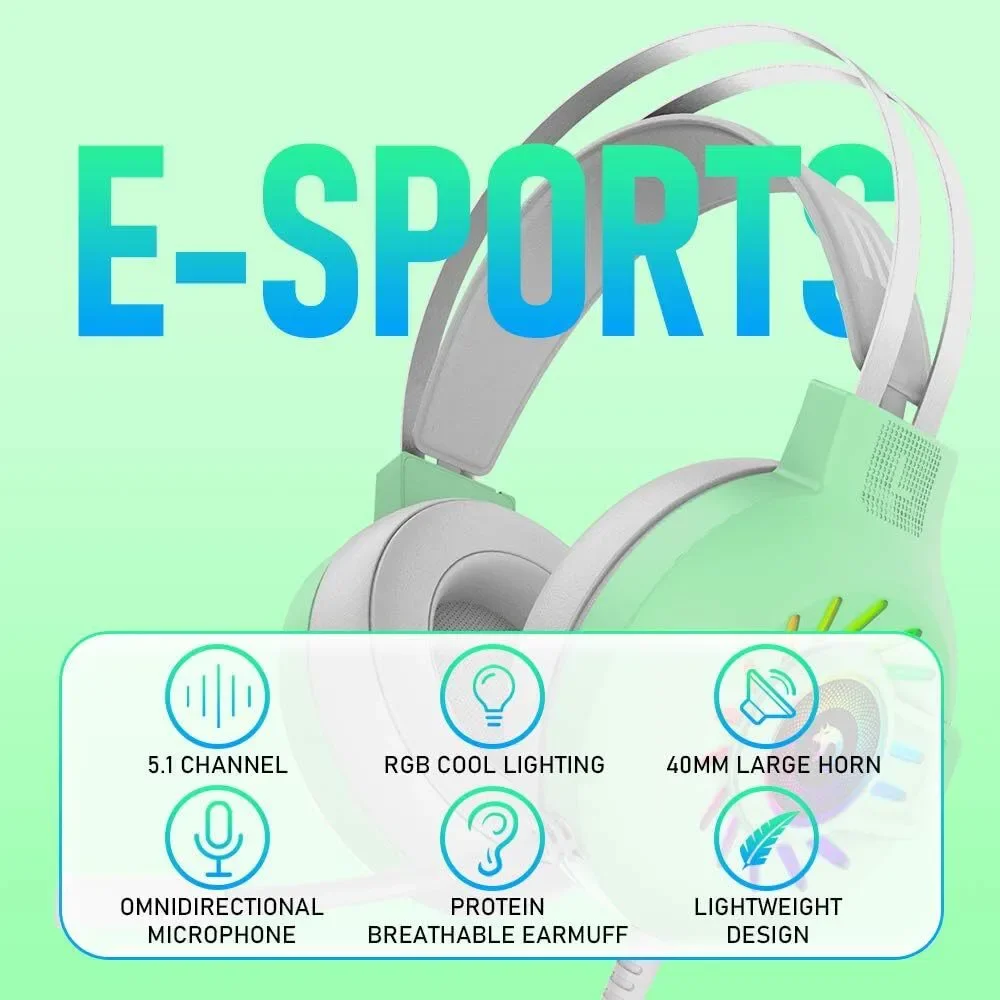 PS4 Headset Xbox One Gaming 3.5mm Stereo Wired Over-Head Rainbow Backlit Green